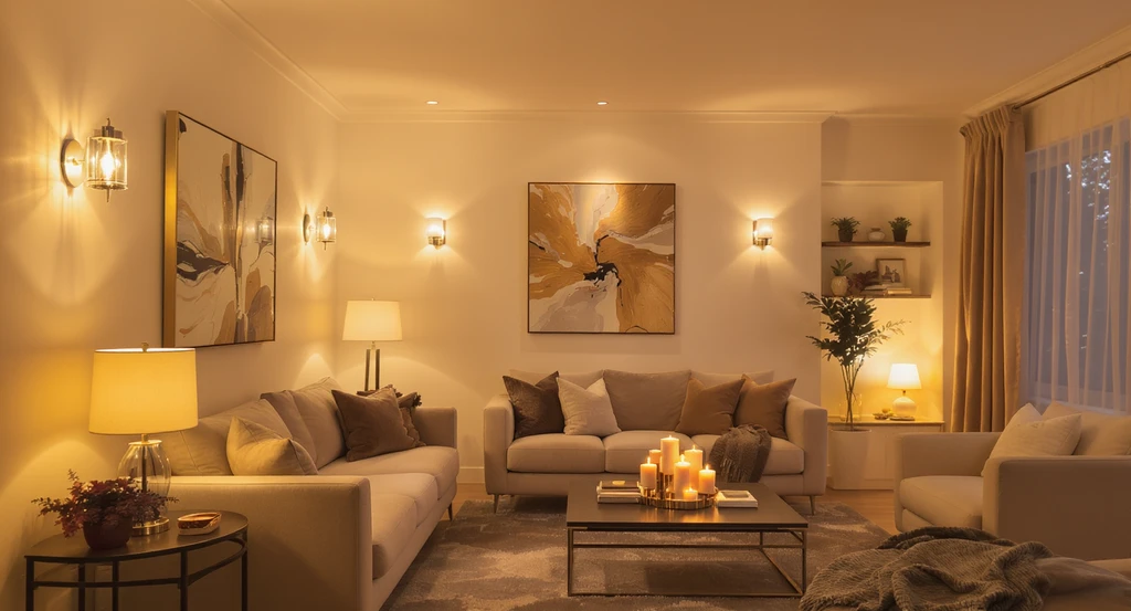 Living room with white walls and warm-toned layered lighting, including sconces, pendant lamps, and candles, showing how to make white walls feel cozy and avoid a sterile look with white decor.