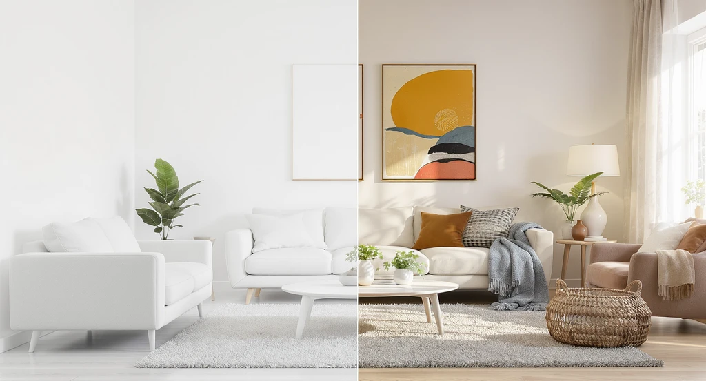 A split-view living room showing white walls styled two ways: one side empty and sterile, the other cozy with art, textures, and warm decor, demonstrating how to make white walls feel cozy and avoid the sterile look with white decor.