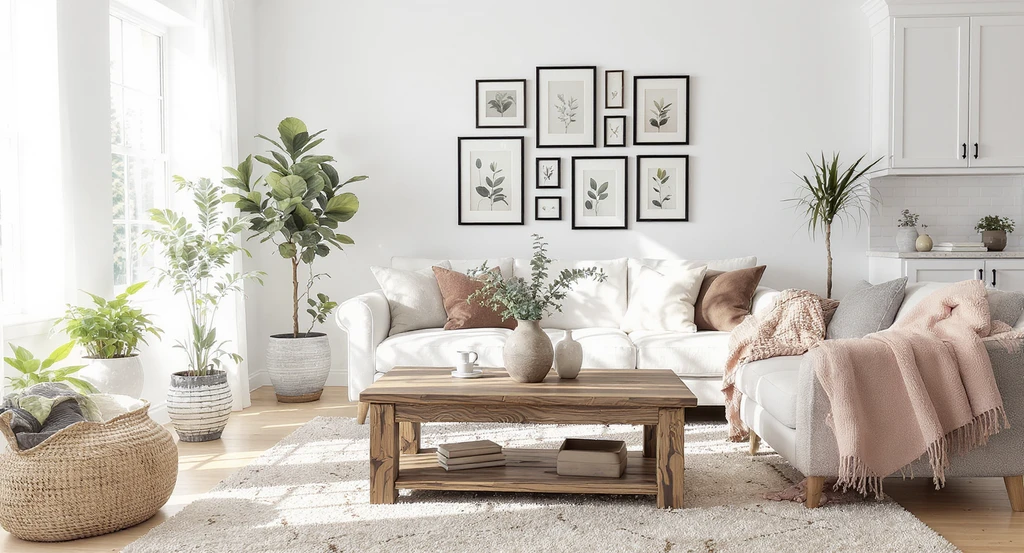 How to make white walls feel cozy, avoiding sterile look with white decor: a bright living room with reclaimed wood, potted plants, stone vase, earth-tone furnishings, and dark picture frames for organic contrast.