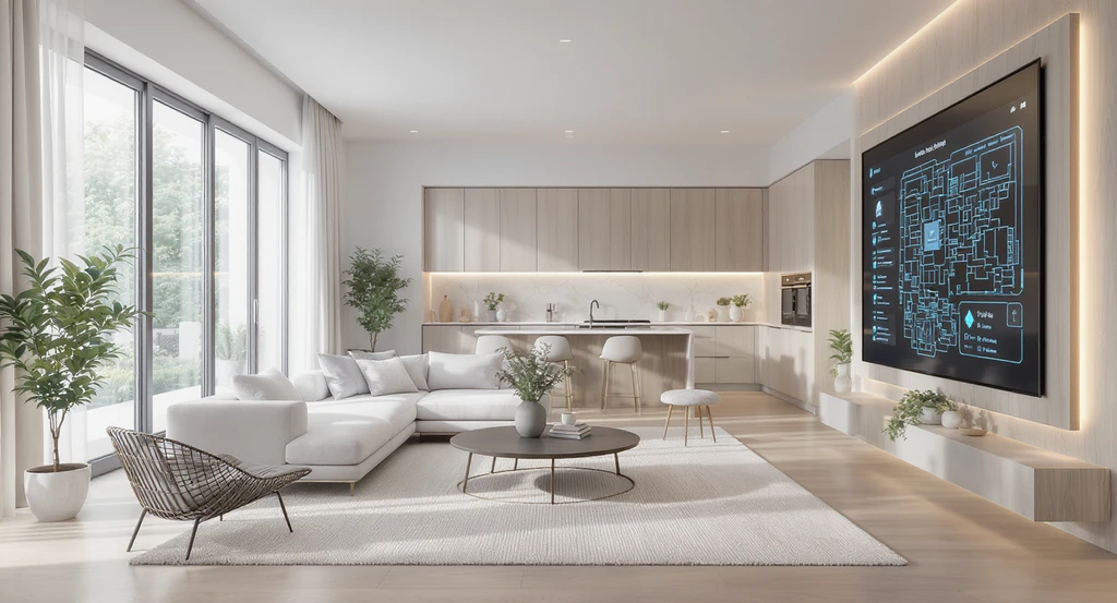 Modern open-layout living room and kitchen designed using AI clarity-first interior design trends 2026, showcasing how AI improves home layout planning and clarity-focused virtual staging solutions, with clean lines, modular furniture, and natural lighting, highlighting the difference between AI and traditional home design.