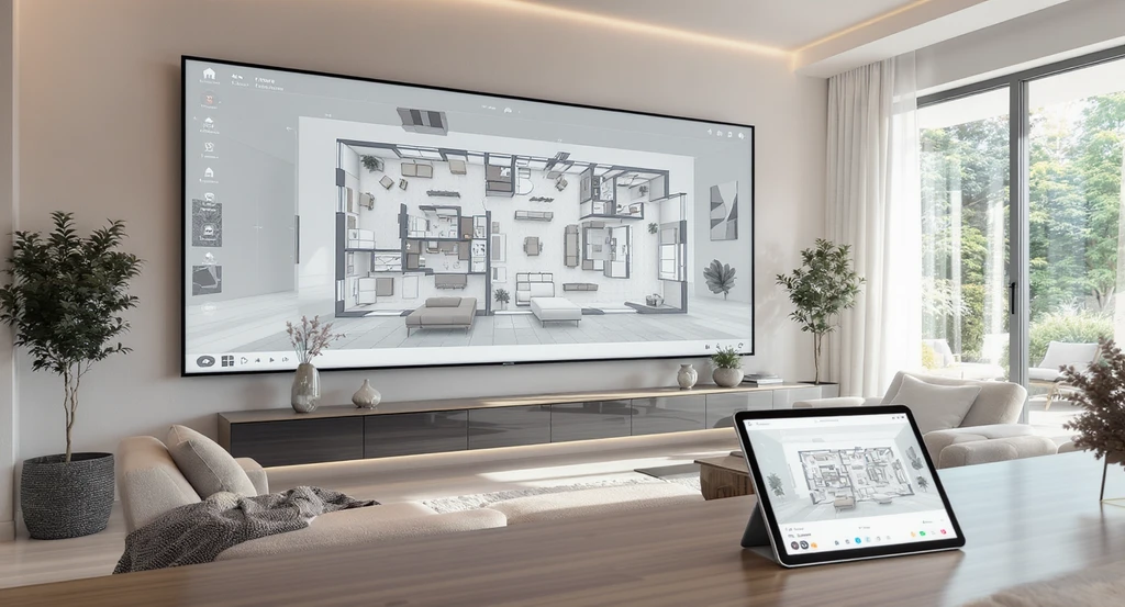 Modern living room with a large digital screen displaying ai-powered room layout, showcasing ai clarity-first interior design trends 2026 and how ai improves home layout planning for clarity-focused ai virtual staging solutions.