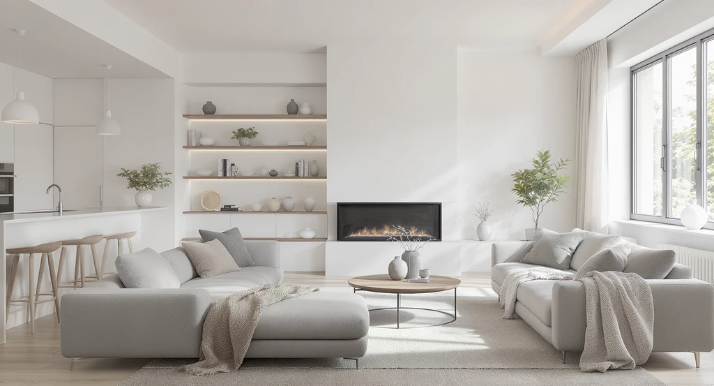 Modern living room showing ai clarity-first interior design trends 2026: organized, clutter-free furniture and layout, illustrating how ai improves home layout planning and supports clarity-focused ai virtual staging solutions with calming, functional spaces—demonstrating the difference between ai and traditional home design approaches.