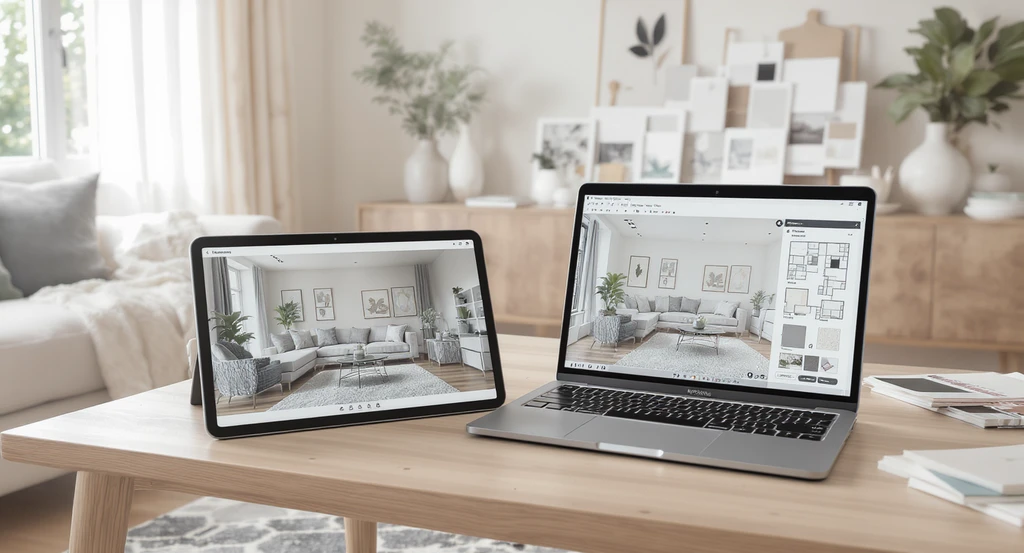 Photorealistic modern living room with digital tablet and laptop displaying best AI interior design tools 2026, showing virtual staging for homeowners and how AI home design tools work for choosing the right AI design platform.