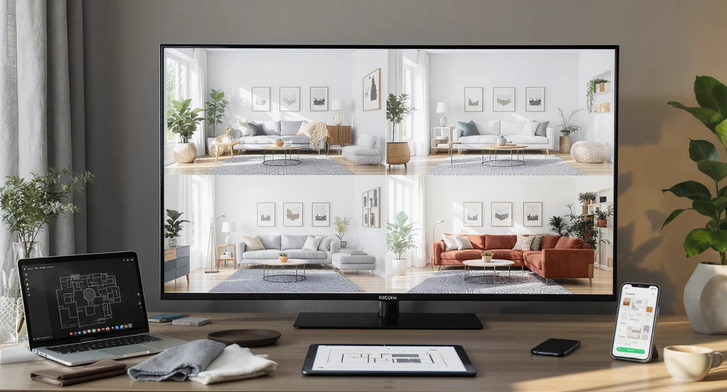 Photorealistic living room showing a large screen with four split-view AI-designed interiors, a tablet displaying a floor plan, and devices running top AI interior design tools 2026, exemplifying how AI home design tools work for virtual staging and choosing the right AI platform for homeowners.