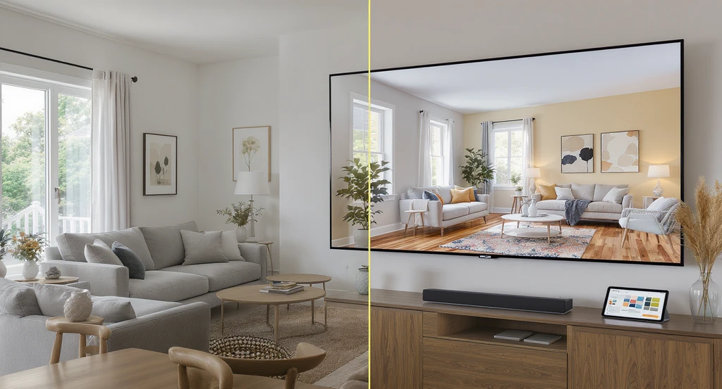 Modern living and dining space featuring a side-by-side comparison of the existing room and a photorealistic AI-generated redesign, showcasing how the best AI interior design tools 2026 enable homeowners to visualize virtual staging and optimize layout choices before real updates.