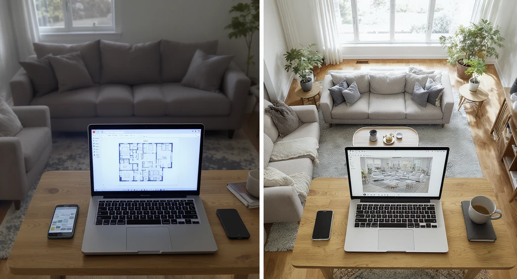 Photorealistic overhead split-view of a living room before and after using best AI interior design tools 2026, showing how AI home design tools work for virtual staging and choosing the right AI design platform.