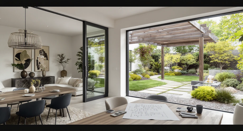 Photorealistic open-plan living and dining space adjoining a landscaped garden with pergola and stone path, illustrating how to design a home using AI and reference images for granular control of interiors and gardens, step by step.