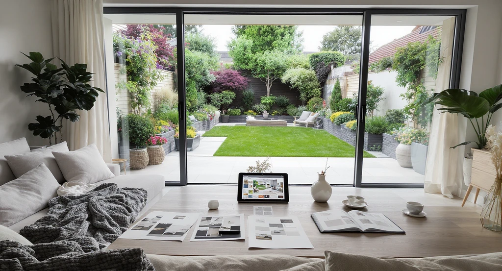 Modern living room and garden designed with AI tools, showing step by step ai interior design process using reference images and granular ai room edits.