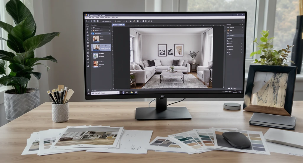 Modern home office setup with an AI home design tool on a monitor, surrounded by reference images, material samples, and color swatches, illustrating how to design a home using AI and the step by step AI interior design process for personalized results using reference photos.
