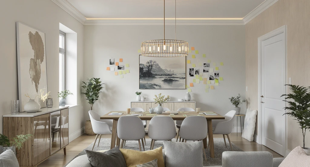 Modern room makeover process showing step by step AI interior design with reference images, marked furniture placements, and granular design adjustments.