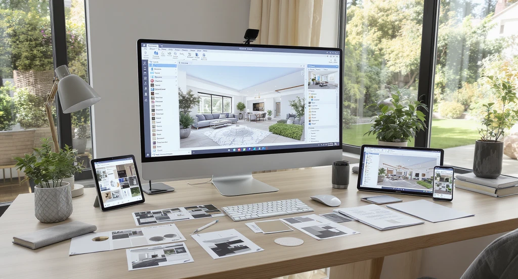 Workspace showing a step by step AI interior design process with printed reference images, home design software, and garden ideas in a modern setting, illustrating how to design a home using AI and achieve granular control with personalized AI tools.