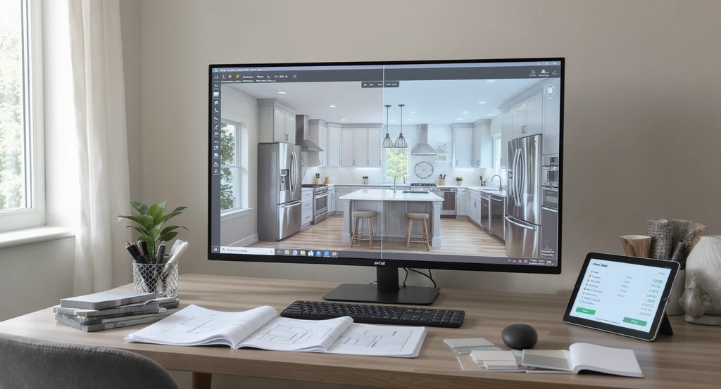 Photorealistic home office with 3D kitchen remodel visualization, blueprints, material samples, and tablets for avoiding renovation regret in 2026 remodels.