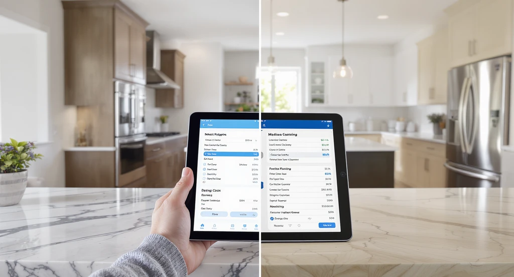 Photorealistic open-plan kitchen and living space contrasting luxury features with standard finishes, digital renovation cost-planning tool visible, ideal for avoiding renovation regret in 2026 remodels and prioritizing remodeling decisions while minimizing budget overruns.