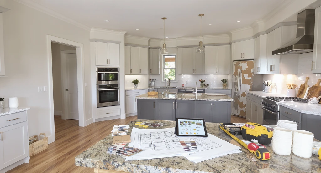 Photorealistic open-plan kitchen and living room in mid-renovation, highlighting 2026 remodeling trends, project plans, and modern vs classic design choices. Avoiding renovation regret and budget overruns with smart prioritizing and prevention tips.