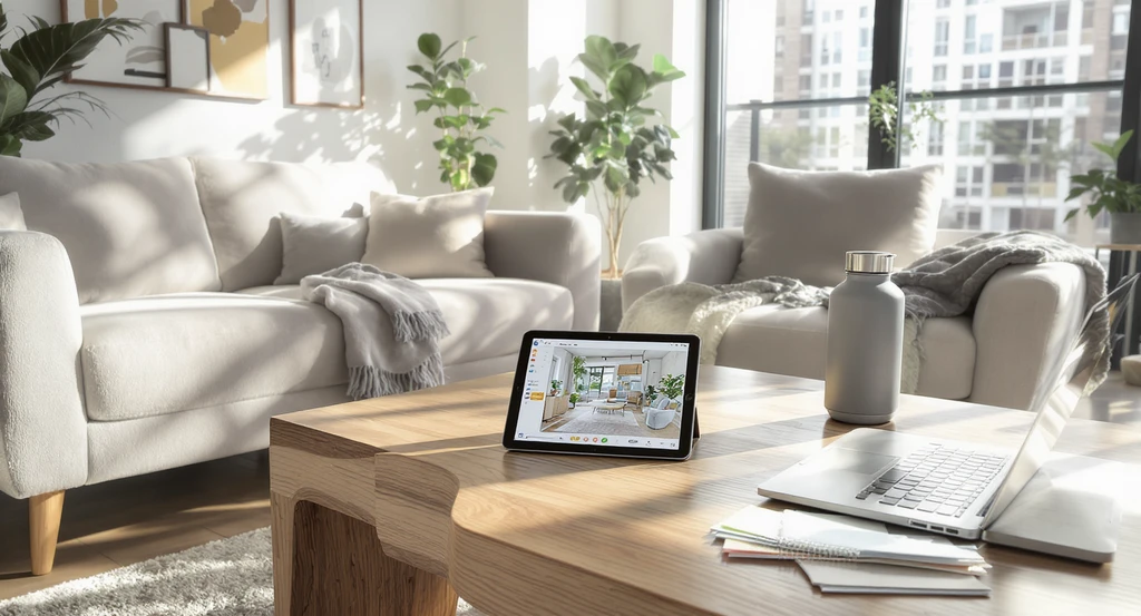 Modern living room with eco-friendly modular furniture, AR design app on tablet, and digital budget planner—showcasing ways to avoid renovation regret in 2026 remodels.