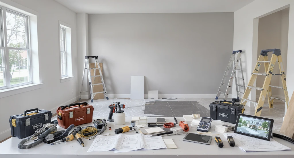 A modern home renovation space with professional tools, specialty equipment, floor coverings, blueprints, a 3D visualization tablet, and organized workstations—highlighting how choosing vetted experts and clear planning helps avoid renovation regret, prioritize decisions, and prevent budget overruns in 2026 remodels.