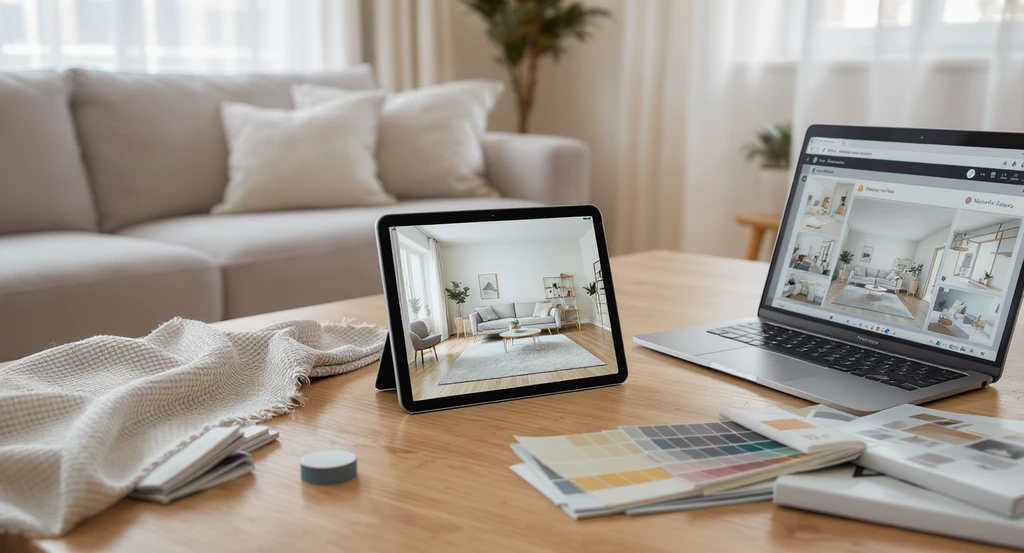 A modern living room setup for ai interior design with reference images, featuring a tablet displaying an inspiration photo, decor material samples, and an open laptop running an AI room visualization tool. Best practices for ai interior design tools and visual inspiration workflows are shown for real-life room updates.