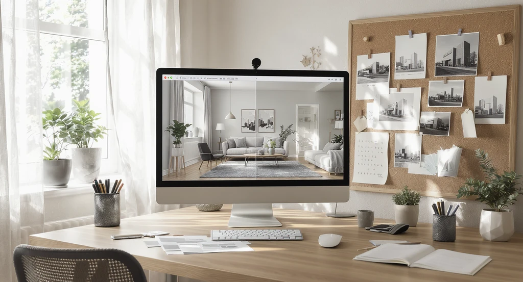 Photorealistic setup showing best practices for ai room visualization tools, featuring a home office with monitor displaying ai interior design with reference images and annotated inspiration photos for visual inspiration workflows with ai design.
