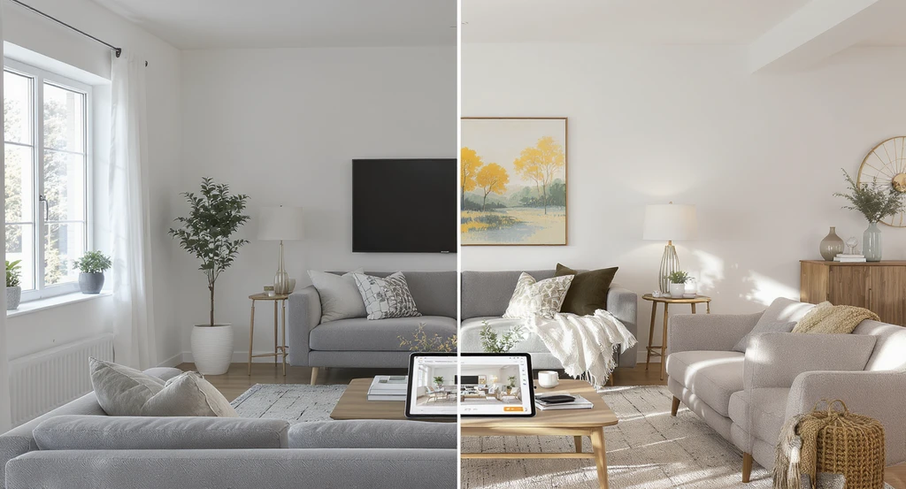 A modern living room showcases ai interior design with reference images, split between a generic staging and a bespoke virtual staging based on local design cues, exemplifying best practices for ai-powered virtual staging for real estate listings, and demonstrating visual inspiration workflows with ai design tools.