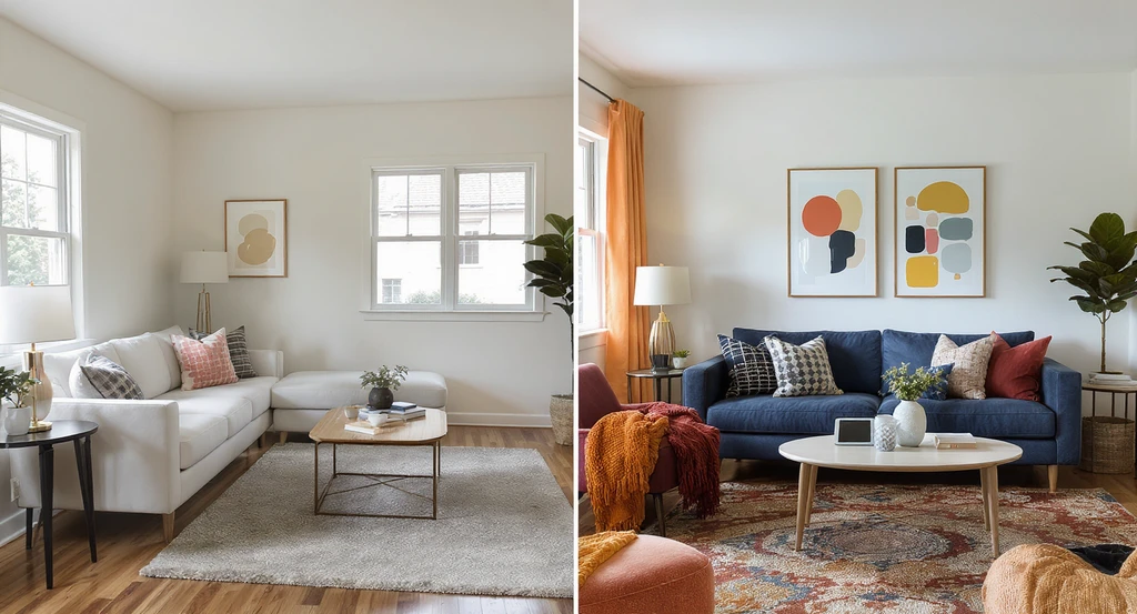 Modern living room split to show ai interior design with reference images: left side original space, right side ai-transformed decor, illustrating how to use reference images in ai home design and best practices for ai room visualization tools.