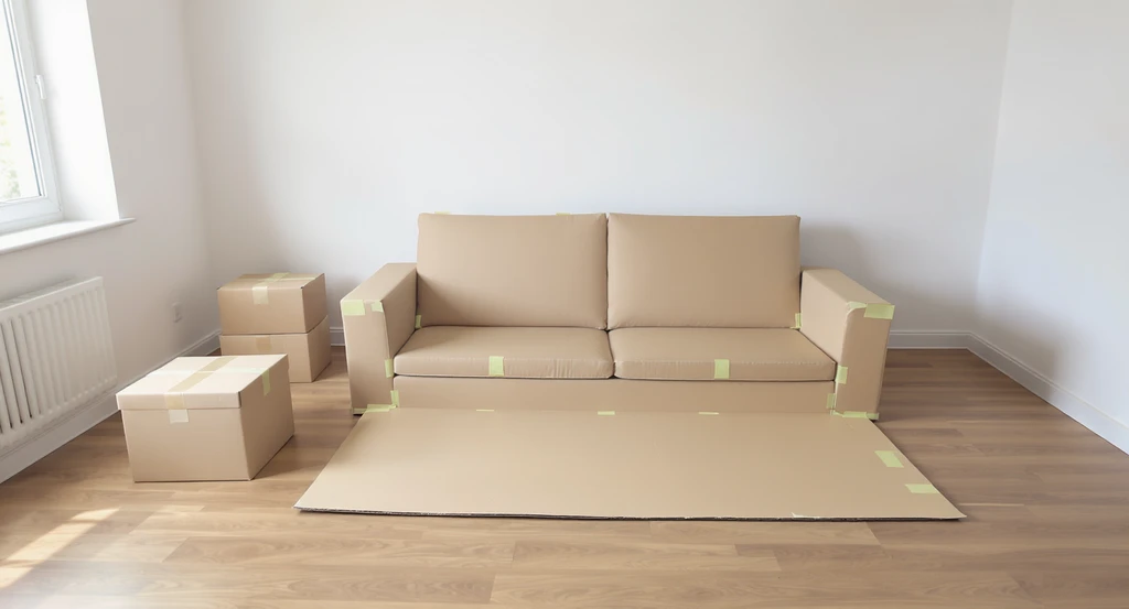 A living room with cardboard cutouts and painter’s tape marking where furniture will go, showing why can't I visualize furniture in a room and tips for decorating with poor visualization skills.