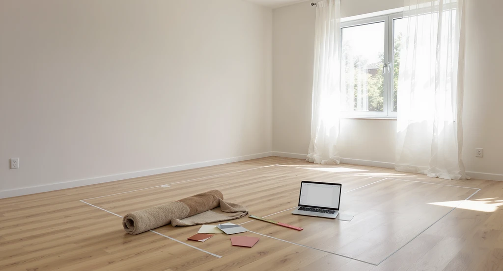 An empty living room with bare floors, paint samples, a laptop showing a blank 3D room tool, and no furniture, illustrating why can't I visualize furniture in a room and tips for decorating with poor visualization skills.