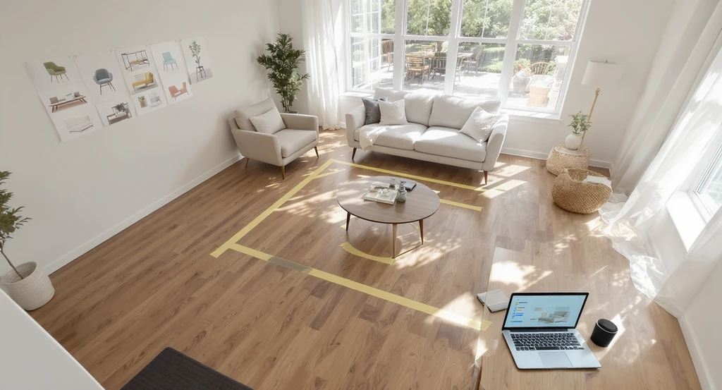 Wide-angle view of an empty living room with taped floor outlines, furniture mockups, and a laptop, illustrating why can't I visualize furniture in a room and tips for decorating with poor visualization skills.