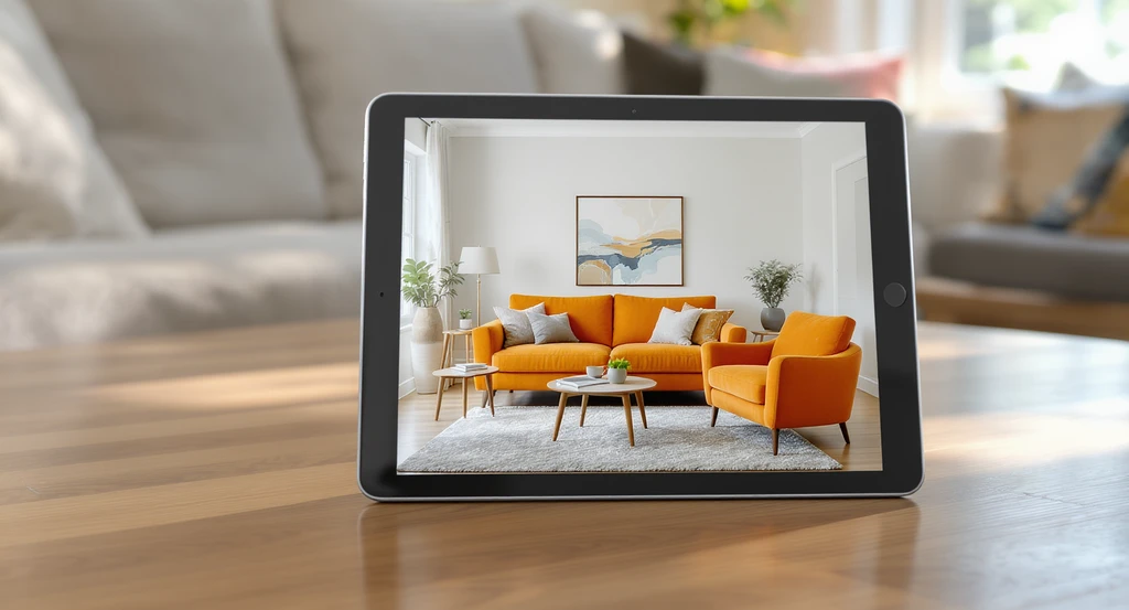 A tablet on a coffee table in a modern living room displays a photo with virtual furniture added. Helpful for why can't I visualize furniture in a room, how aphantasia affects home decorating, or tips for decorating with poor visualization skills.
