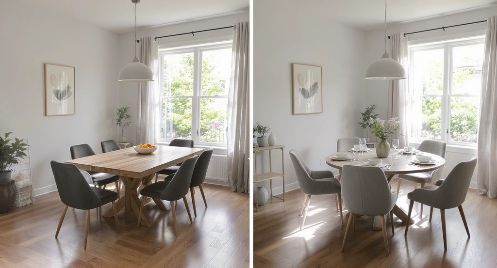 Modern dining room with two table setups: an oversized rectangular table cramped in a small space, and a perfectly sized round table, illustrating how to choose dining table size and avoiding common mistakes when buying a dining table.