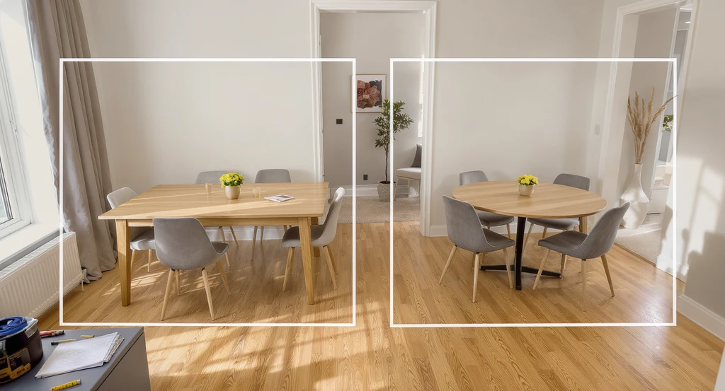 Modern dining room shows how to choose dining table size, with both a large table appearing cramped and a properly sized table fitting well, illustrating common mistakes when buying a dining table.