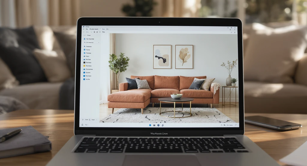 Photorealistic living room with a laptop showing an AI 3D visualization of home renovations, ideal for clients who can't picture spaces and the best AI 3D visualization for aphantasia.