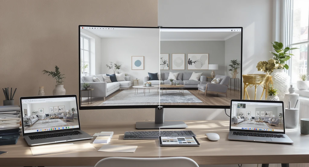 How to visualize home renovations with AI: high-res studio workspace showing tools for clients who can't picture spaces, best AI 3D visualization for aphantasia.