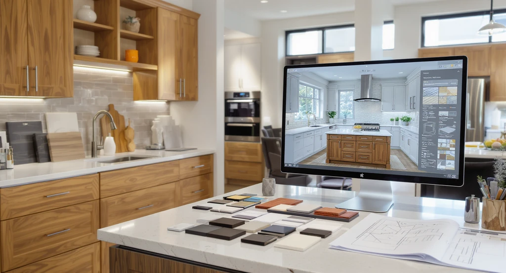 Modern kitchen showroom with custom cabinetry, hardware samples, and a workstation displaying AI 3D visualization of the space, showing how to visualize home renovations with AI tools for clients who can’t picture spaces, ideal for best AI 3D visualization for aphantasia.