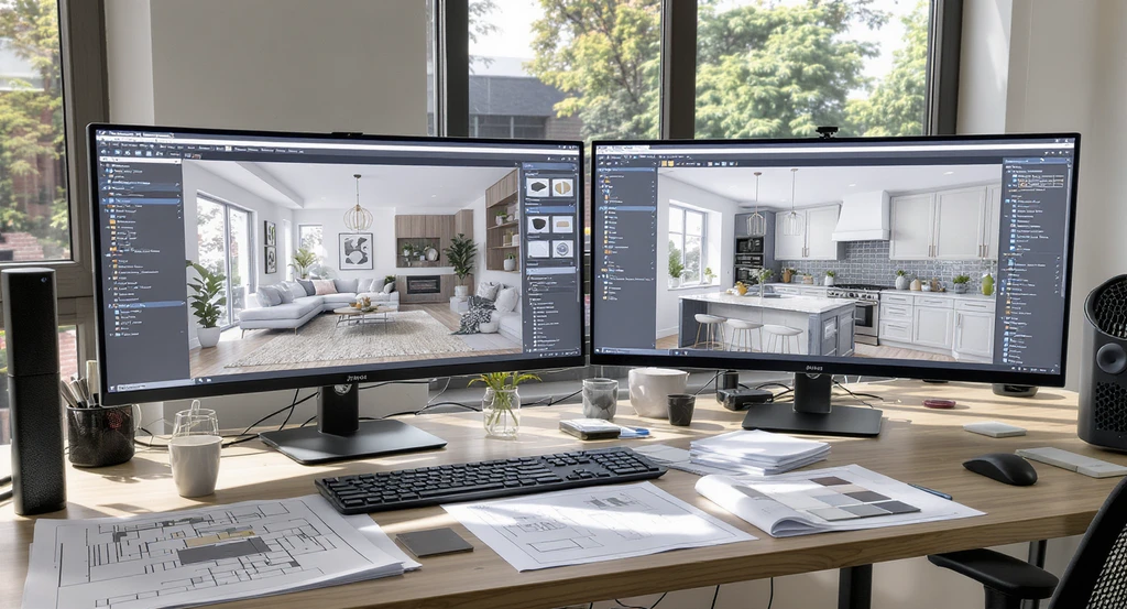 Modern architecture studio showing 3D visualization tools for home renovations with AI, ideal for clients who can't picture spaces or have aphantasia.