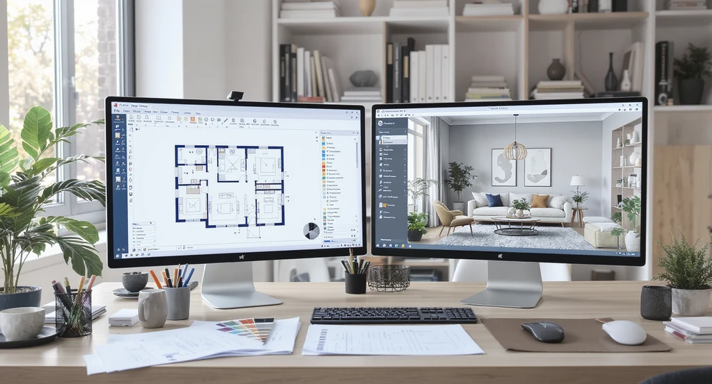 Modern design studio workspace with monitors showing 2D floorplan and realistic 3D living room, illustrating how to visualize home renovations with AI tools for clients who can't picture spaces or have aphantasia.