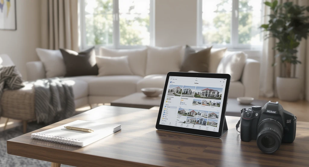 Modern staged living room with tablet showing real estate listing interface, DSLR camera, and notebook—demonstrating how to optimize real estate listings online in 2025 and best listing photo strategies for improved visibility.