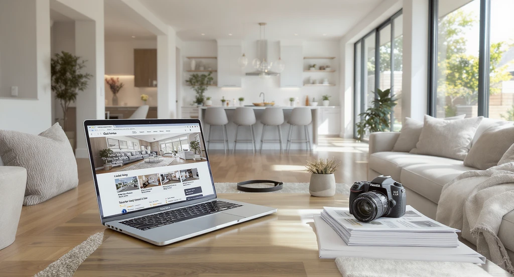 Photo of a beautifully staged, sunlit living room featuring a laptop with a real estate listing site, highlighting how to optimize real estate listings online and the best listing photo strategies for 2025.