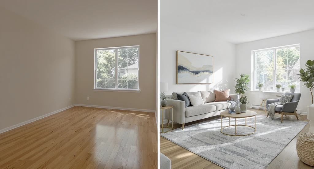 Split-screen real estate photo showing an empty living room beside a virtually staged version, demonstrating how to optimize real estate listings online using the best listing photo strategies for 2025 and avoiding top mistakes lowering listing visibility.