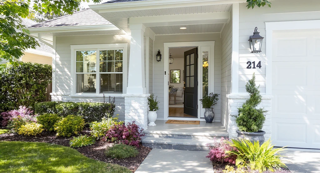 Modern home's inviting exterior and glimpse of sunlit living room, illustrating best listing photo strategies for 2025 and how to optimize real estate listings online without common mistakes lowering listing visibility.