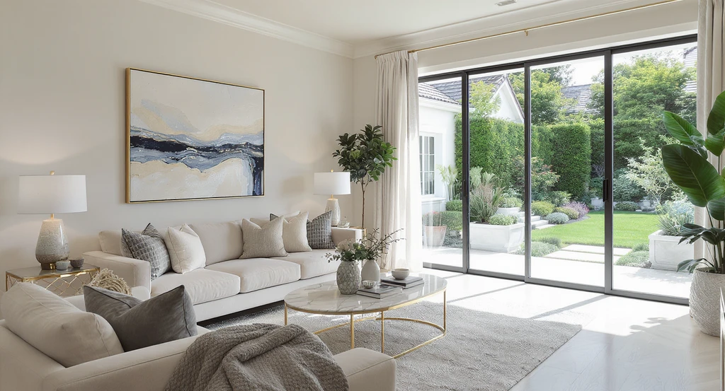Stylishly staged luxury living room with designer furniture and curated decor, showcasing how to stage luxury real estate listings and boost curb appeal.