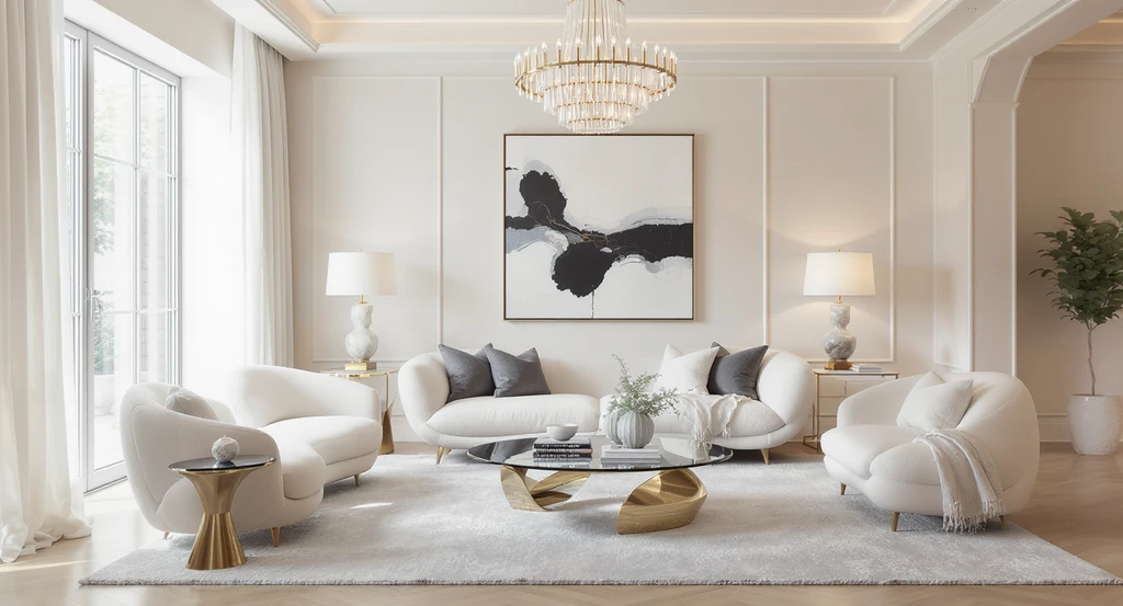 Modern luxury living room staged for high-end real estate listing with designer rental furniture, neutral tones, and layered lighting—ideal for how to stage luxury real estate listings and improving curb appeal for luxury listings.