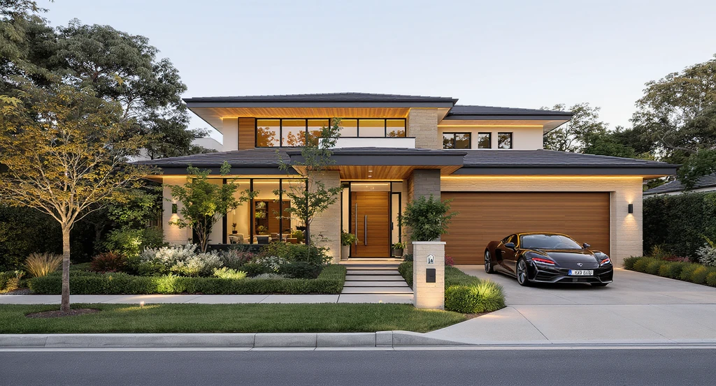 Ultra-realistic exterior of a luxury home with landscaped yard, entry path lighting, modern mailbox, natural materials, and a high-end car in the driveway—ideal for improving curb appeal and best listing photos for high-end homes when staging luxury real estate listings.