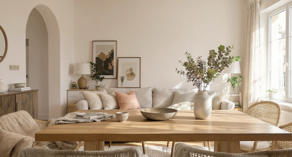 Photorealistic ai home staging style trends 2026—open living and dining area with organic textures, cozy furniture, and realistic, inviting decor staged using best ai tools for realistic home staging.