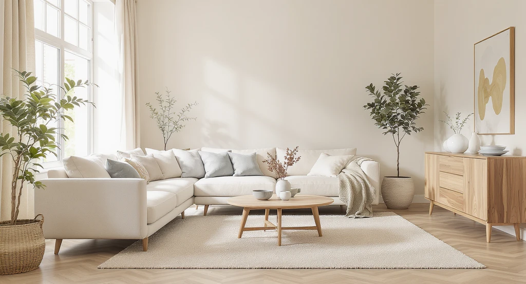 Photorealistic AI home staging style trends 2026, showing a modern living room with creams, beiges, olive, greige, and muted blue, visualized by AI tools for virtual staging with an inviting, neutral palette and no dark furniture.