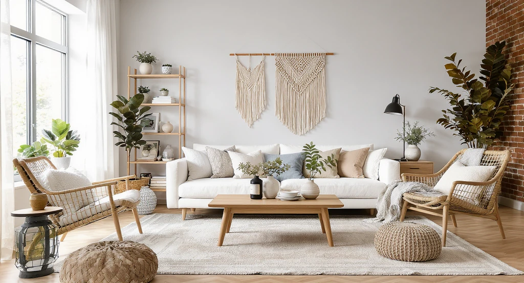 A photorealistic living room exemplifying ai home staging style trends 2026, with Soft Modern, Modern Coastal, and Scandi-Boho fusion in natural light, illustrating how ai tools visualize modern interiors and provide virtual staging with ai for real estate, featuring ai-generated contemporary and coastal design ideas and best ai tools for realistic home staging.