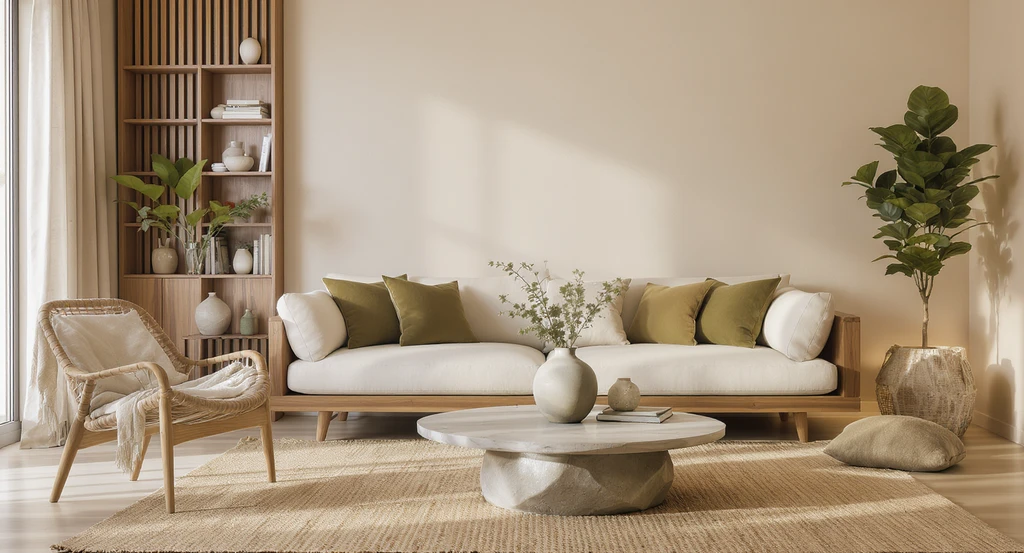 Ultra-realistic living room visualized with ai-powered modern organic interior design trend, showing neutral earthy palettes, soft minimalism, and layered natural textures using modern organic virtual staging with ai tools for earthy luxury home decor.
