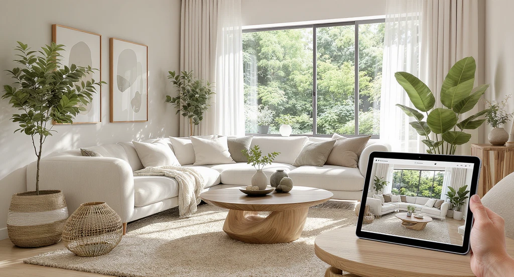 Photorealistic modern organic living room with warm neutral colors, earthy decor, greenery, and a tablet showing AI-powered virtual staging for the modern organic interior design trend.