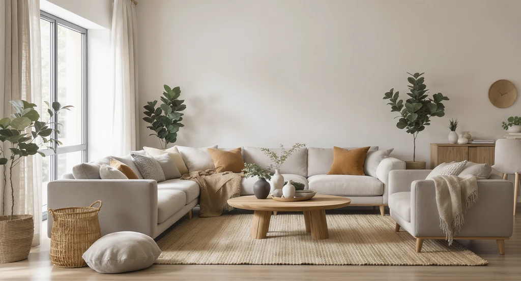 Editorial-quality living room in ai-powered modern organic interior design trend, showing how ai visualizes organic home interiors with earthy luxury and warm neutral tones.