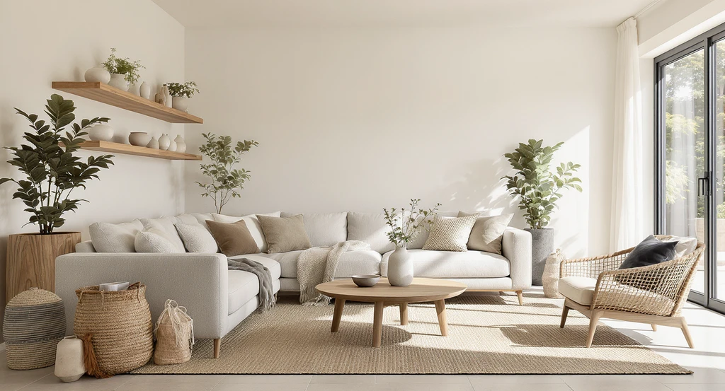 Editorial-style ai-powered modern organic interior design trend showing a living room with wood, linen, stone, woven fabrics, neutral palette, and plants.
