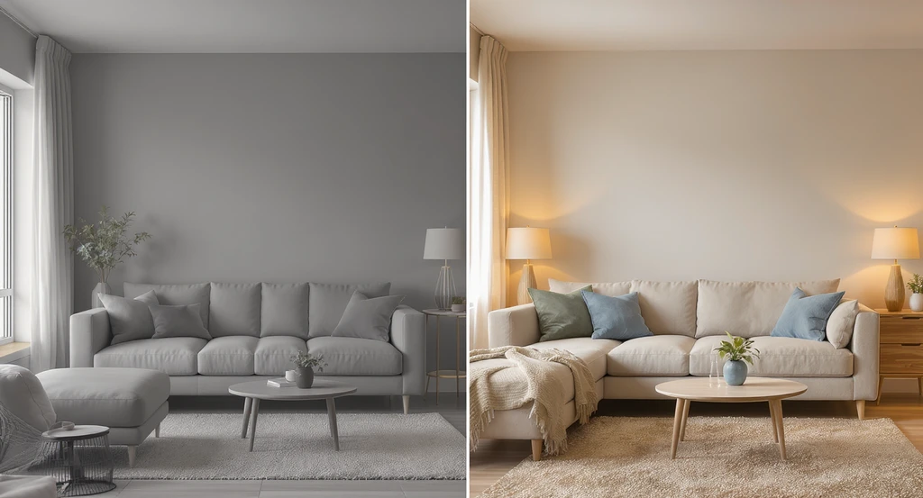 Modern living room split in two: left side in cool gray minimalist style, right side with ai-predicted 2026 earth tone and blue palette; showcases ai home design color trends 2026 and how ai predicts interior color shifts with virtual staging ai for earth tone palettes, best ai tools for warm neutrals in interiors, ai visualization for replacing gray interiors.